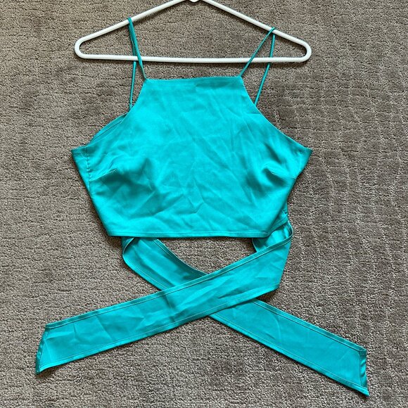 Turquoise Satin Crop Tank Top - Picture 1 of 2